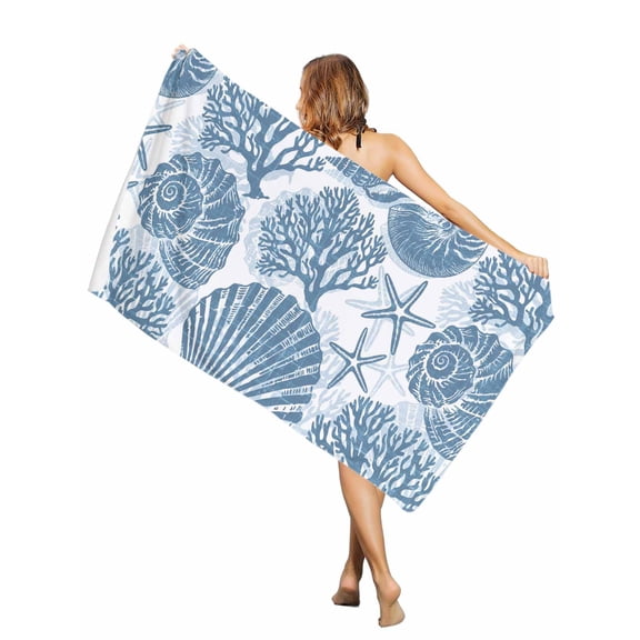 Beach Towel-Coastal Slate Blue Sea Shells Starfish Microfiber&nbsp;Absorbent Quick Dry Oversized Travel Towels,Marine Life Sand Free Lightweight Large Towel for Pool Camping Swim,35x71in