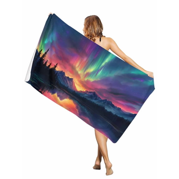 Beach Towel-Colorful Polar Lights Microfiber Absorbent Quick Dry Oversized Travel Towels,Swirling Dreamy Nightscape Sand Free Lightweight Large Towel for Pool Camping Swim,35x71in