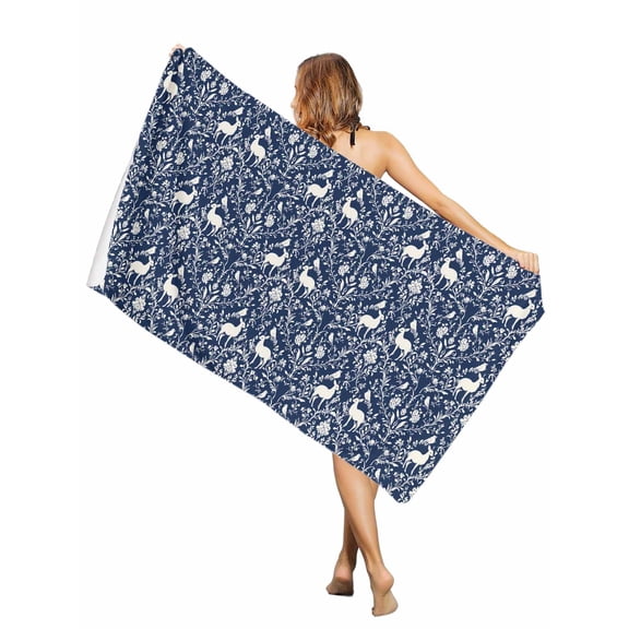 Beach Towel Deer Animal Bath Pool Towels Bird Flower Blue Absorbent Beach Towel Soft Large Quick Dry Lightweight Camping Travel Sports Yoga Gym Swim Towels for Adult 30x60 Inch