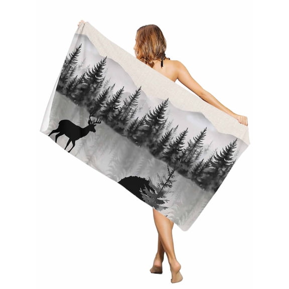 Beach Towel Deer Bath Pool Towels Animal Mount Forest Silhouette Linen Absorbent Beach Towel Soft Large Quick Dry Lightweight Camping Travel Sports Yoga Gym Swim Towels for Adult 30x60 Inch