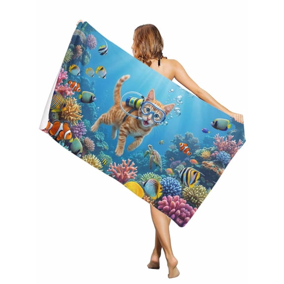 Beach Towel Diving Cat Bath Pool Towels Funny Animal Fish Coral Seafloor Absorbent Beach Towel Soft Large Quick Dry Lightweight Camping Travel Sports Yoga Gym Swim Towels for Adult 30x60 Inch