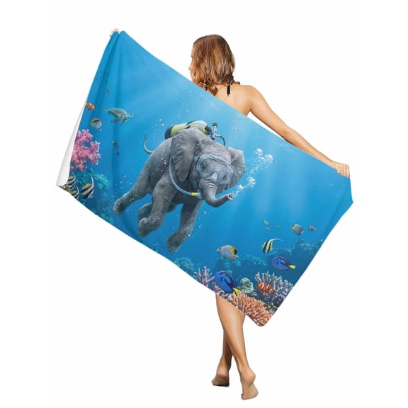 Beach Towel Diving Elephant Bath Pool Towels Funny Animal Fish Coral Ocean Seafloor Absorbent Beach Towel Soft Large Quick Dry Lightweight Travel Sports Yoga Gym Swim Towels for Adult 30x60 Inch