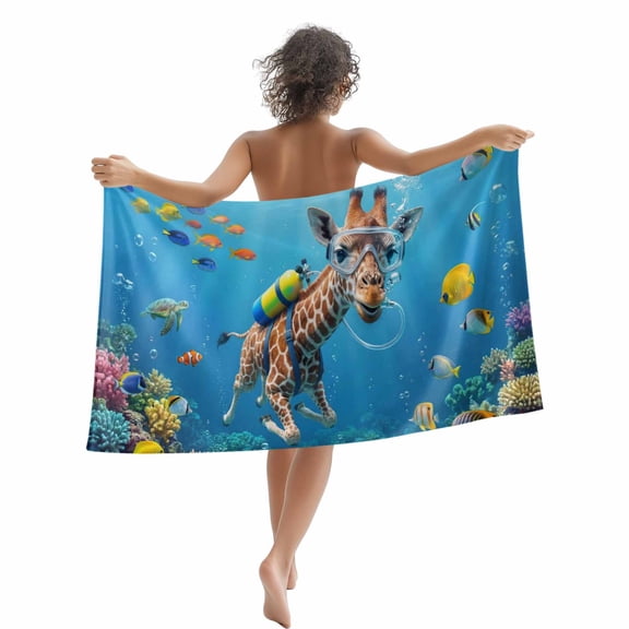 Beach Towel Diving Giraffe Bath Pool Towels Funny Animal Fish Coral Ocean Seafloor Absorbent Beach Towel Soft Large Quick Dry Lightweight Travel Sports Yoga Gym Swim Towels for Adult 35x70 Inch