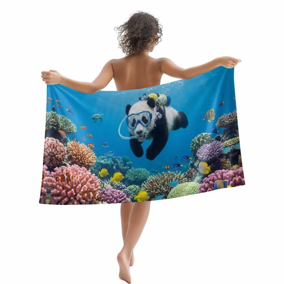 Beach Towel Diving Panda Bath Pool Towels Funny Animal Fish Coral Ocean Seafloor Absorbent Beach Towel Soft Large Quick Dry Lightweight Travel Sports Yoga Gym Swim Towels for Adult 35x70 Inch