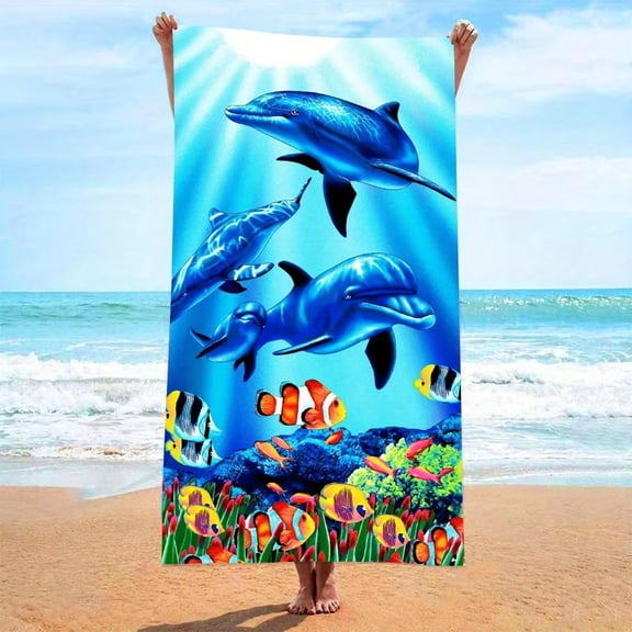 Beach Towel Dolphin and Fish Pattern Sun Protection and Windproof Suitable for Beach Pool Camping Travel Beach Blanket
