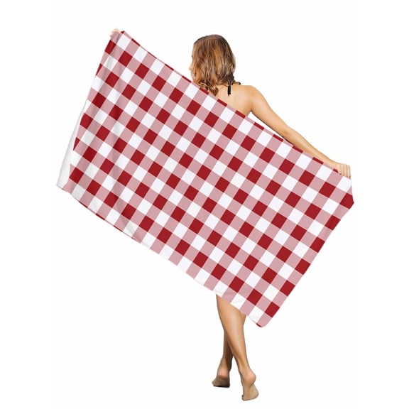 Beach Towel- Farmhsoue Christmas Red White Buffalo Check Microfiber Absorbent Quick Dry Oversized Travel Towels,Rural Style Sand Free Lightweight Large Towel for Pool Camping Swim,35x71in