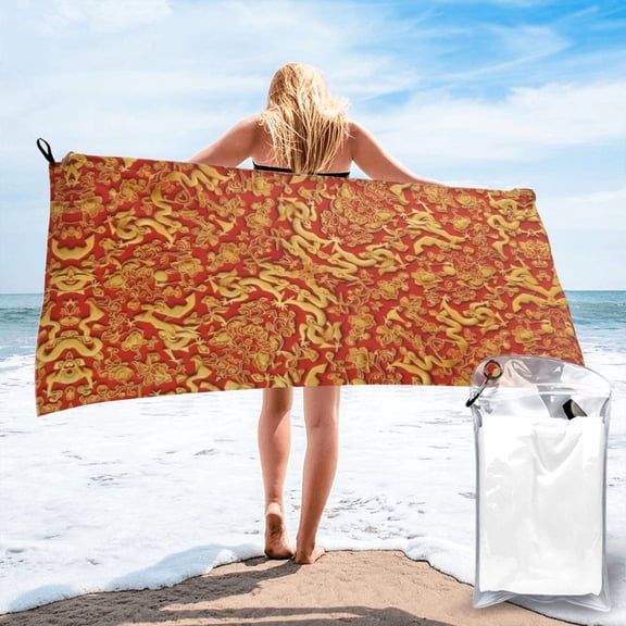 Beach Towel Fragment Of Red Chinese Silk Thin Sand Free Towels Travel Swim Pool Yoga Gym Camping for Women Men 27.5"x55"