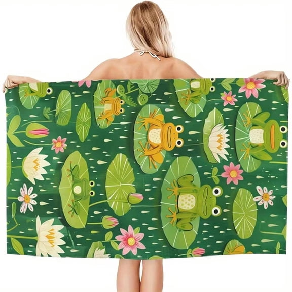 Beach Towel Frog and Water Lily Pattern Sun Protection Windproof Suitable for Swimming Pool Camping Travel Blanket