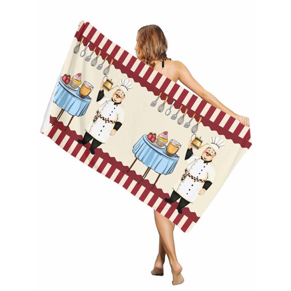 Beach Towel Funny Chef Kitchen Dessert Bath Pool Towels Red Stripes Absorbent Beach Towel Soft Large Quick Dry Lightweight Camping Travel Sports Yoga Gym Swim Towels for Adult 30x60 Inch