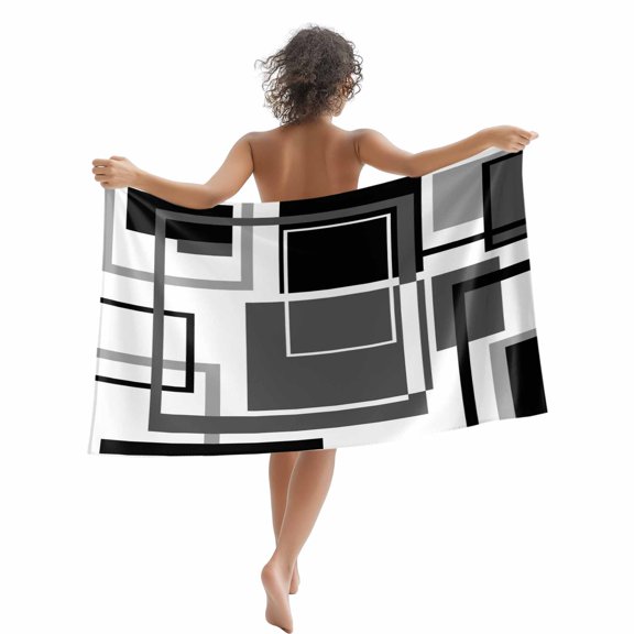 Beach Towel Gray Geometric Bath Pool Towels Black Abstract Lines Absorbent Beach Towel Soft Large Quick Dry Lightweight Camping Travel Sports Yoga Gym Swim Towels for Adult 35x70 Inch