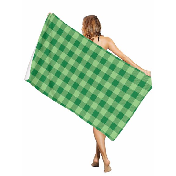 Beach Towel Green White Check Plaid Bath Pool Towels Farmhouse Style Absorbent Beach Towel Soft Large Quick Dry Lightweight Camping Travel Sports Yoga Gym Swim Towels for Adult 30x60 Inch