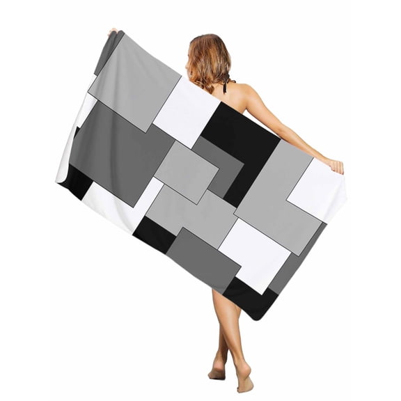 Beach Towel- Grey Art Color Block Geometry Grid Microfiber&nbsp;Absorbent Quick Dry Oversized Travel Towels,Abstract Sand Free Lightweight Large Towel for Pool Camping Swim,35x71in