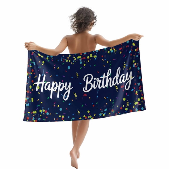 Beach Towel Happy Birthday Bath Pool Towels Polka Dot Ribbon Celebration Navy Blue Absorbent Beach Towel Soft Large Quick Dry Lightweight Travel Sports Yoga Gym Swim Towels for Adult 35x70 Inch