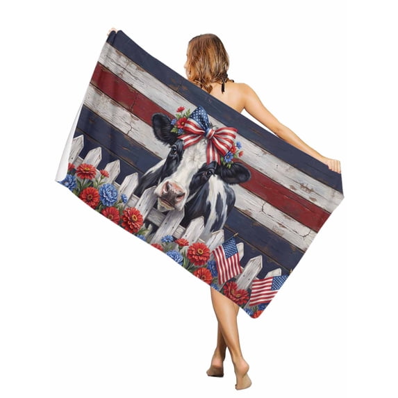Beach Towel-Independence Day Farm Cow Knot Microfiber Absorbent Quick Dry Oversized Travel Towels,Flower Retro Wood Grain Sand Free Lightweight Large Towel for Pool Camping Swim,35x71in