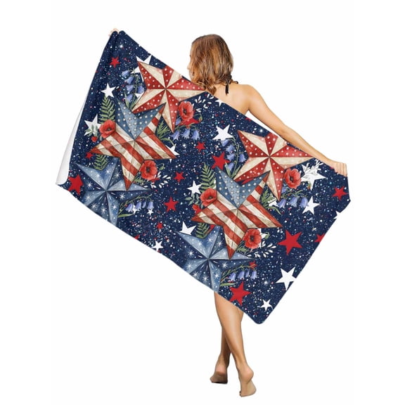 Beach Towel-Independence Day Star Retro MicrofiberAbsorbent Quick Dry Oversized Travel Towels,Memorial Day Floral Sand Free Lightweight Large Towel for Pool Camping Swim,35x71in