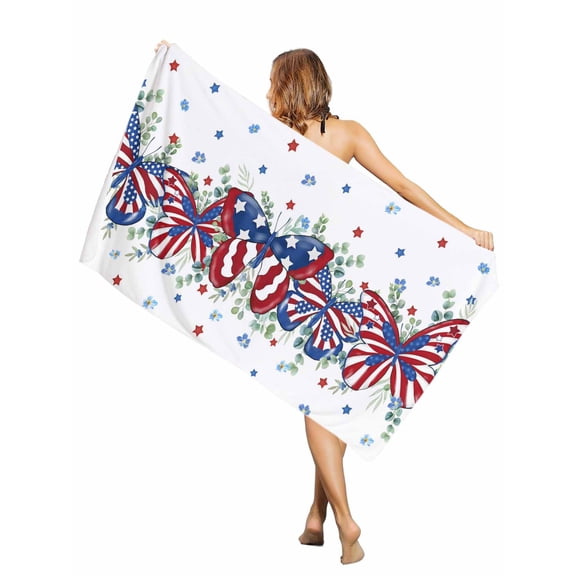 Beach Towel-July 4th American Flag Butterfly Microfiber Absorbent Quick Dry Oversized Travel Towels,Eucalyptus Red Blue Star Sand Free Lightweight Large Towel for Pool Camping Swim,35x71in