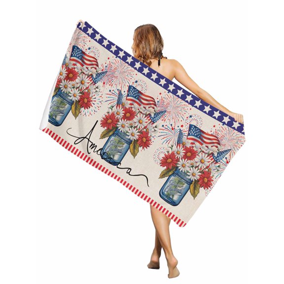 Beach Towel-Memorial Day Flower Patriotic Flag Microfiber&nbsp;Absorbent Quick Dry Oversized Travel Towels,Star and Stripe on Burlap Sand Free Lightweight Large Towel for Pool Camping Swim,35x71in
