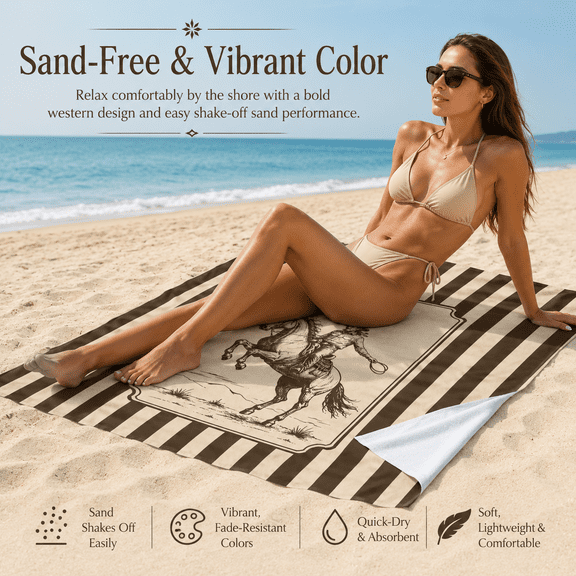 Beach Towel Microfiber Oversized Quick Dry Sand Free Brown Cowboy Western Horse Striped Bath Blanket Travel Pool Mat 30x60in Soft Outdoor Camping