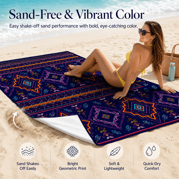 Purple Bohemian Aztec Beach Towel, Microfiber Quick Dry Sand Free Pool Towel for Travel Camping Outdoor Use,60 x 80 in