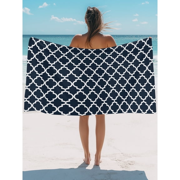 Beach Towel-Morocco Ethnic Pattern Microfiber Absorbent Quick Dry Oversized Travel Towels,Modern Geometric on Black Background Sand Free Lightweight Large Towel for Pool Camping Swim,35x71in