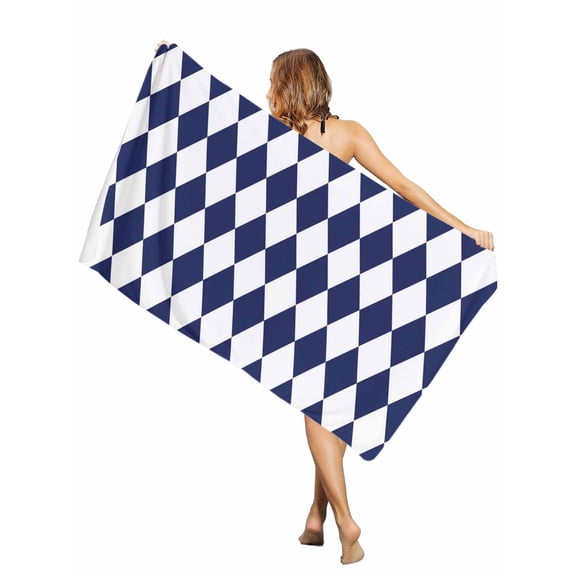 Beach Towel Navy Blue Diamond Plaid Bath Pool Towels White Geometric Check Absorbent Beach Towel Soft Large Quick Dry Lightweight Camping Travel Sports Yoga Gym Swim Towels for Adult 30x60 Inch