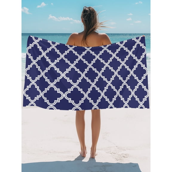 Beach Towel-Navy Blue Pattern Retro Morocco MicrofiberAbsorbent Quick Dry Oversized Travel Towels,Abstract Geometric Sand Free Lightweight Large Towel for Pool Camping Swim,35x71in