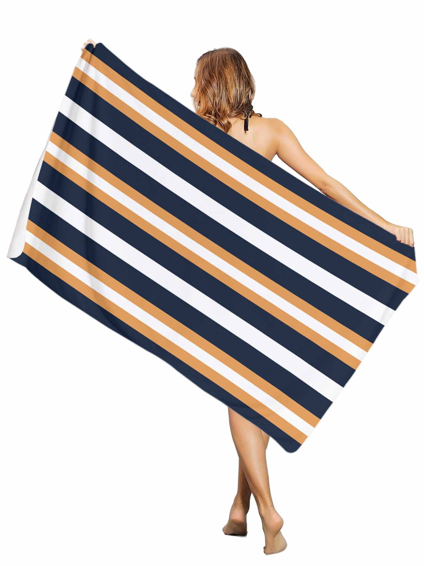 Beach Towel Navy Blue Stripes Bath Pool Towels Orange Striped Absorbent Beach Towel Soft Large Quick Dry Lightweight Camping Travel Sports Yoga Gym Swim Towels for Adult 30x60 Inch