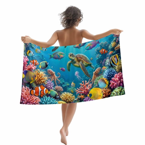 Beach Towel Ocean Seafloor Bath Pool Towels Jellyfish Fish Coral Absorbent Beach Towel Soft Large Quick Dry Lightweight Camping Travel Sports Yoga Gym Swim Towels for Adult 35x70 Inch