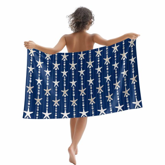 Beach Towel Ocean Starfish Bath Pool Towels Shell Conch Navy Blue Stripes Absorbent Beach Towel Soft Large Quick Dry Lightweight Camping Travel Sports Yoga Gym Swim Towels for Adult 35x70 Inch