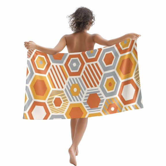 Beach Towel Orange Gray Hexagon Bath Pool Towels Abstract Geometric Art Absorbent Beach Towel Soft Large Quick Dry Lightweight Camping Travel Sports Yoga Gym Swim Towels for Adult 35x70 Inch