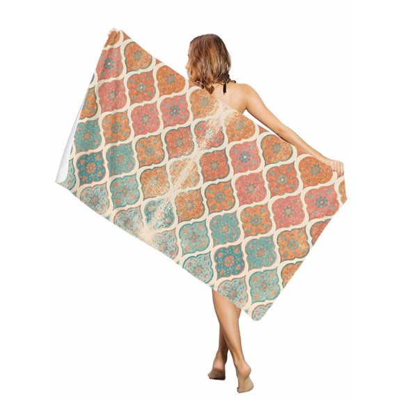 Beach Towel Orange Green Boho Geometric Bath Pool Towels Bohemian Morocco Pattern Absorbent Beach Towel Soft Large Quick Dry Lightweight Travel Sports Yoga Gym Swim Towels for Adult 30x60 Inch