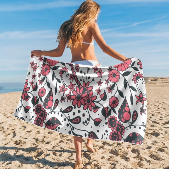 Beach Towel Oversized Boho Floral Pattern for Beach Trips, Quick Dry Microfiber Sandproof Lightweight Towel for Travel and Pool