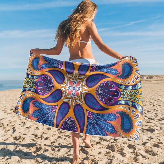 Beach Towel Oversized Boho Floral Pattern for Vacation Trips, Quick Dry Microfiber Sandproof Lightweight Towel for Beach Use