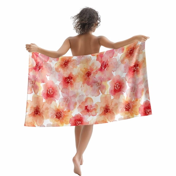 Beach Towel Pink Orange Floral Bath Pool Towels Watercolor Flowers Absorbent Beach Towel Soft Large Quick Dry Lightweight Camping Travel Sports Yoga Gym Swim Towels for Adult 35x70 Inch