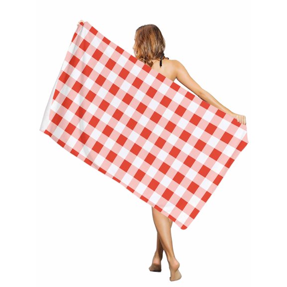 Beach Towel Red Buffalo Plaid Bath Pool Towels Check Lines Absorbent Beach Towel Soft Large Quick Dry Lightweight Camping Travel Sports Yoga Gym Swim Towels for Adult 30x60 Inch
