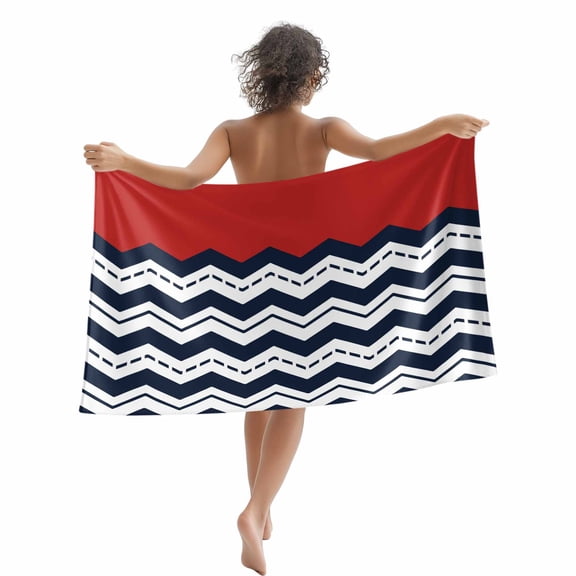 Beach Towel Red Navy Blue Waves Bath Pool Towels Chevron Stripe Absorbent Beach Towel Soft Large Quick Dry Lightweight Camping Travel Sports Yoga Gym Swim Towels for Adult 35x70 Inch