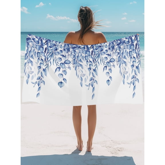 Beach Towel-Rustic Blue Eucalyptus Leaves MicrofiberAbsorbent Quick Dry Oversized Travel Towels,Abstract Gradient Foliage Sand Free Lightweight Large Towel for Pool Camping Swim,35x71in
