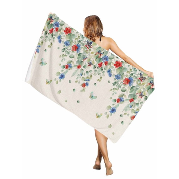 Beach Towel-Rustic Flower Leaf Butterfly MicrofiberAbsorbent Quick Dry Oversized Travel Towels,July 4th Star Bow Retro Linen Sand Free Lightweight Large Towel for Pool Camping Swim,35x71in