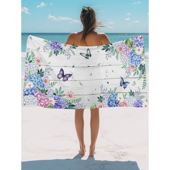 Beach Towel-Rustic Flower Leaf Butterfly MicrofiberAbsorbent Quick Dry Oversized Travel Towels,Spring Hydrangea Daisy Wood Plank Sand Free Lightweight Large Towel for Pool Camping Swim,35x71in