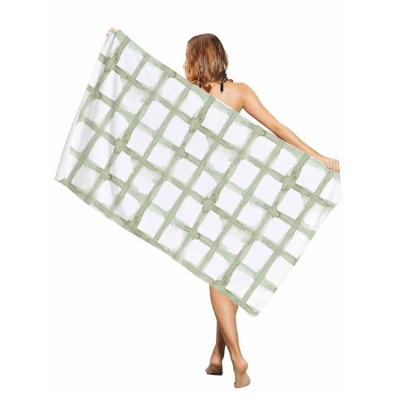 Beach Towel Sage Green Buffalo Plaid Bath Pool Towels Check Striped Absorbent Beach Towel Soft Large Quick Dry Lightweight Camping Travel Sports Yoga Gym Swim Towels for Adult 30x60 Inch