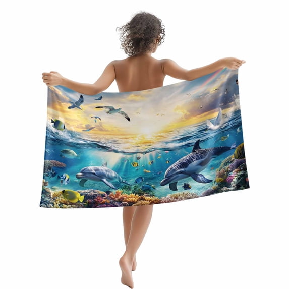 Beach Towel Shark Seagull Bath Pool Towels Coral Fish Ocean Marine Life Absorbent Beach Towel Soft Large Quick Dry Lightweight Camping Travel Sports Yoga Gym Swim Towels for Adult 35x70 Inch