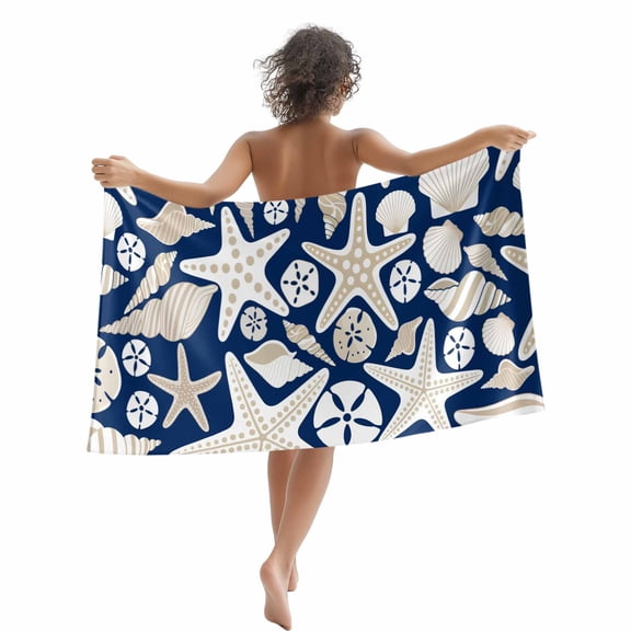 Beach Towel Shell Starfish Bath Pool Towels Ocean Conch Beach Navy Blue Absorbent Beach Towel Soft Large Quick Dry Lightweight Camping Travel Sports Yoga Gym Swim Towels for Adult 35x70 Inch