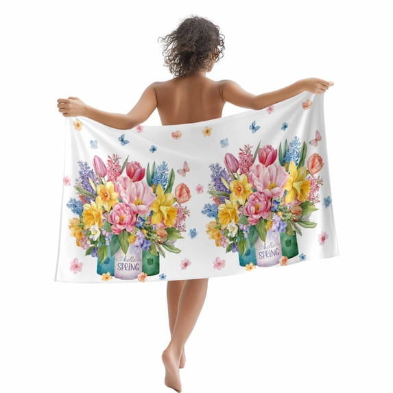 Beach Towel Spring Floral Vase Bath Pool Towels Tulip Daisy Flower Butterfly Absorbent Beach Towel Soft Large Quick Dry Lightweight Camping Travel Sports Yoga Gym Swim Towels for Adult 35x70 Inch
