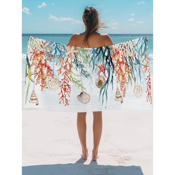 Beach Towel-Summer Colorful Coral Shell Starfish Microfiber&nbsp;Absorbent Quick Dry Oversized Travel Towels,Blue Gradient Sand Free Lightweight Large Towel for Pool Camping Swim,35x71in