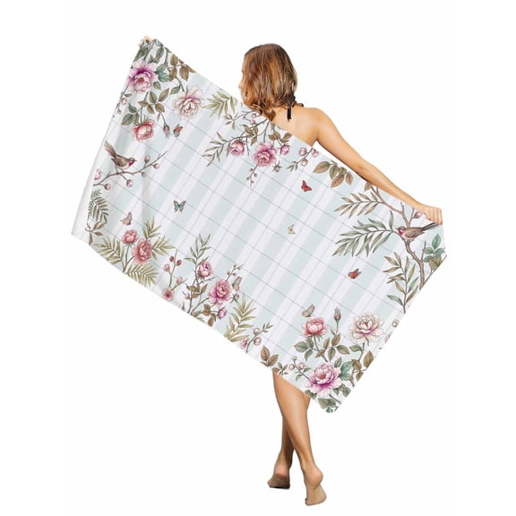 Beach Towel-Summer Flower Leaf Bird Butterfly Microfiber Absorbent Quick Dry Oversized Travel Towels,Farmhouse Plant Buffalo Plaid Sand Free Lightweight Large Towel for Pool Camping Swim,35x71in