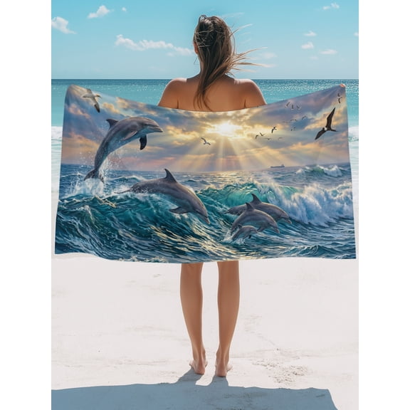 Beach Towel-Summer Jumping Dolphins Seagull MicrofiberAbsorbent Quick Dry Oversized Travel Towels,Coastal Ocean Sceneric Sand Free Lightweight Large Towel for Pool Camping Swim,35x71in