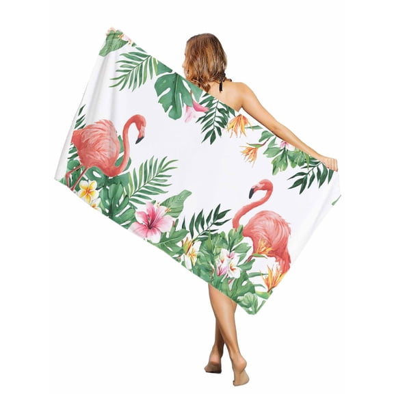 Beach Towel- Summer Pink Flamingo Palm Leaf Microfiber&nbsp;Absorbent Quick Dry Oversized Travel Towels,Tropical Flower Plant Animal Sand Free Lightweight Large Towel for Pool Camping Swim,35x71in