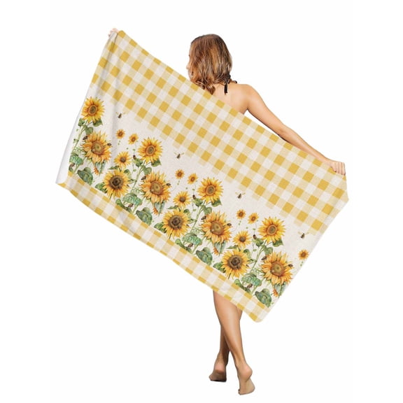 Beach Towel Sunflower Bee Bath Pool Towels Yellow Buffalo Plaid Check Absorbent Beach Towel Soft Large Quick Dry Lightweight Camping Travel Sports Yoga Gym Swim Towels for Adult 30x60 Inch