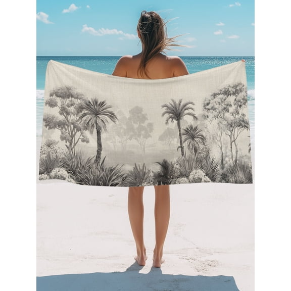 Beach Towel-Tropical Dense Forest on Burlap MicrofiberAbsorbent Quick Dry Oversized Travel Towels,Rustic Retro Gray Plant Sand Free Lightweight Large Towel for Pool Camping Swim,35x71in