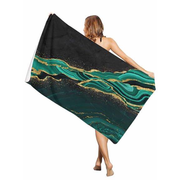 Beach Towel Turquoise Abstract Marble Bath Pool Towels Black Malachite Gold Veins Absorbent Beach Towel Soft Large Quick Dry Lightweight Travel Sports Yoga Gym Swim Towels for Adult 30x60 Inch